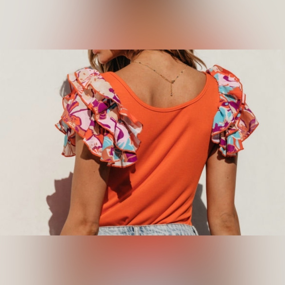 Vibrant Orange Ruffle Sleeve Top - Picture 7 of 16